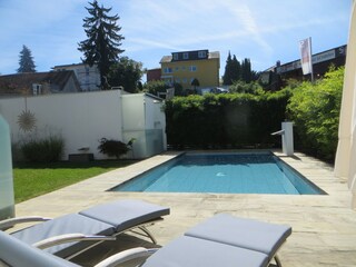 garden with pool open in the summer