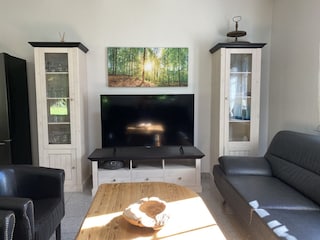 Wohnzimmer mit Bücherregal und Fernseher