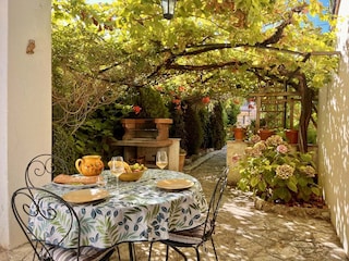 Der private Garten unter Weinreben