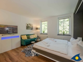 Wohnbereich mit Couch und Bett mit Schlaffunktion