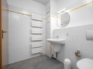 Bad mit Dusche, Waschmaschine und WC