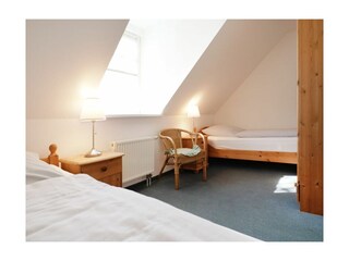 Haus Strandmuschel - Blick in das Schlafzimmer mit 2 Einzelbetten im OG